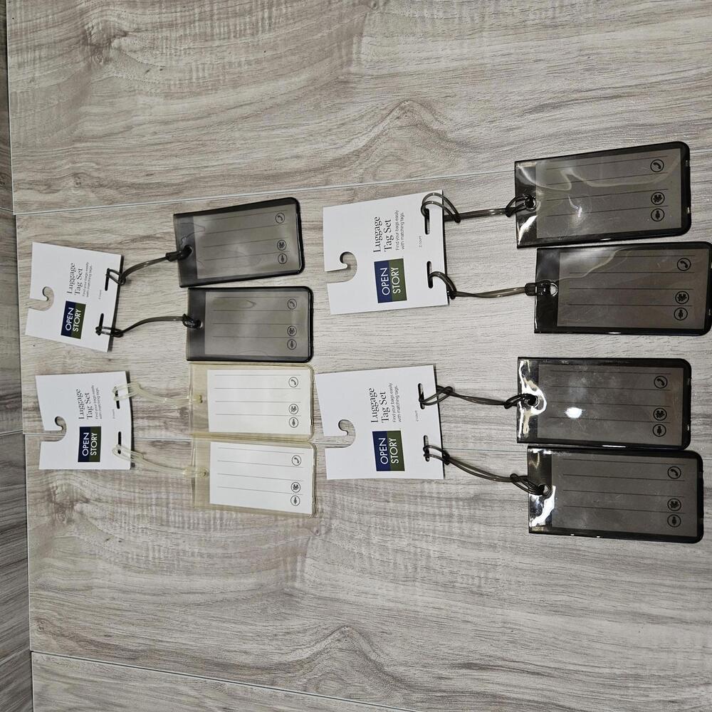 New Lot Of 4 Open Story Luggage Tag Set - 8 Tags in Black and Clear